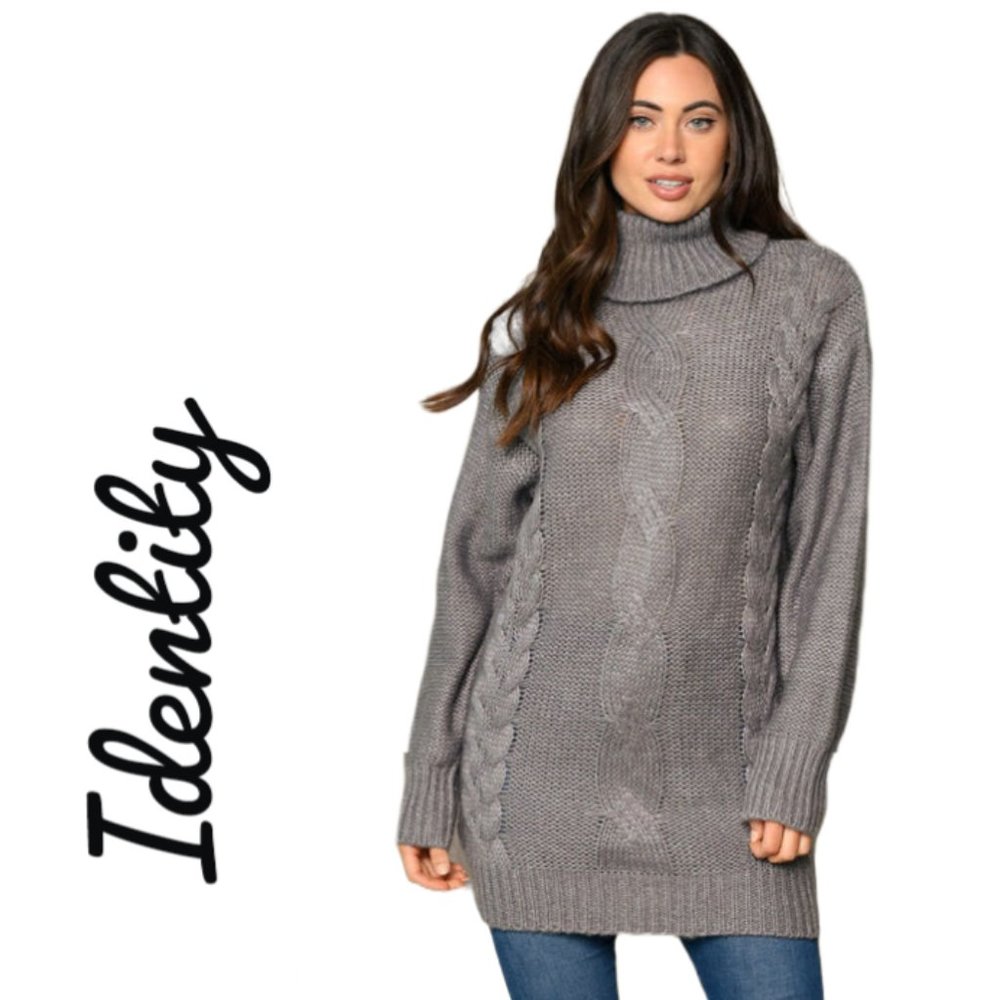 NWT Identity Long Sleeve Turtle Neck Cable Knit Sweater Gray